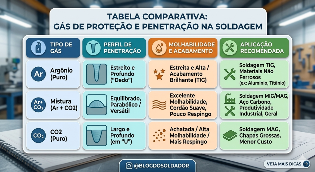 Perfil de penetração de solda conforme o gás de proteção usado