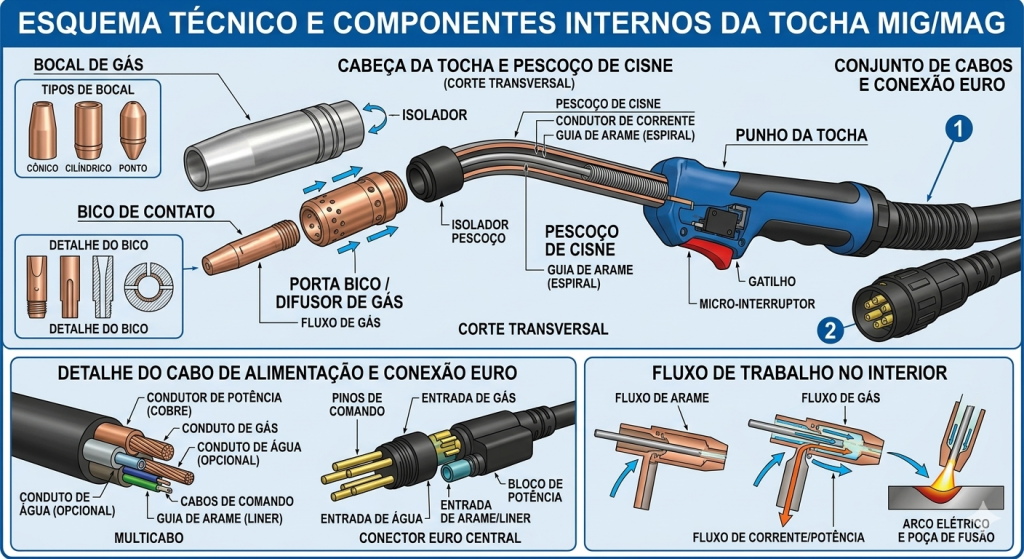 Componentes da tocha MIG/MAG e fluxo de gás de proteção